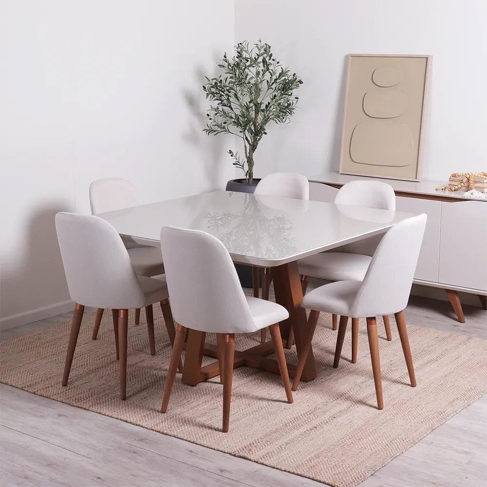 Conjunto de Jantar Mesa Quadrada com Vidro Bennett 6 Cadeiras New Drop - Natural c/ Bege