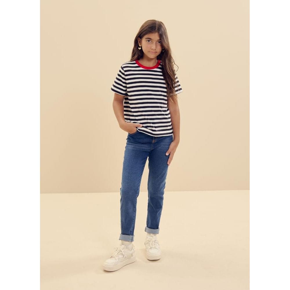 Camiseta infantil unissex com listras collab Essendi e Brandili