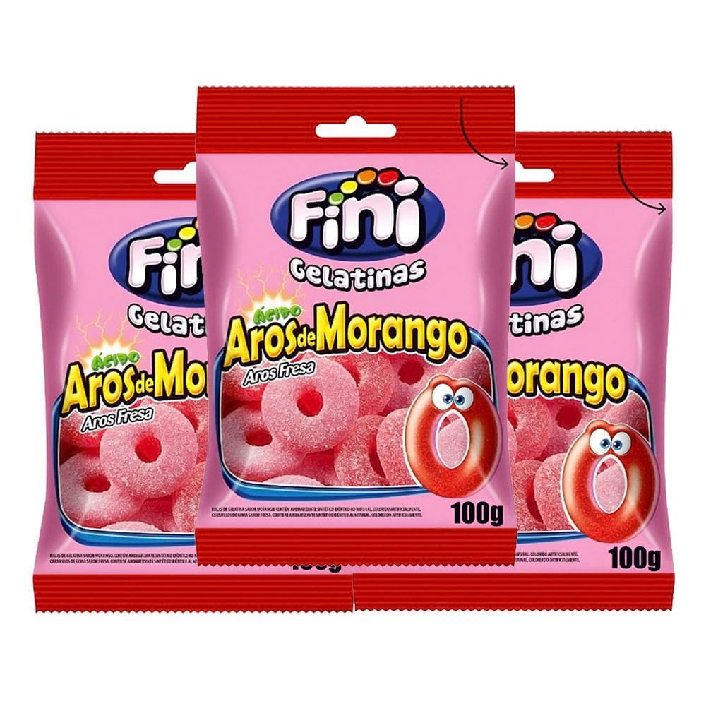 Balas de Gelatina Fini Aros de Morango 100g | Kit com três unidades