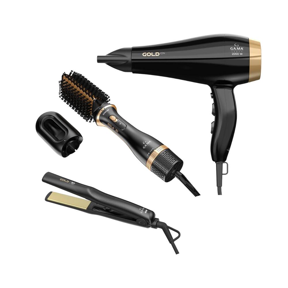 Kit Gama Gold Ion - Secador 2200W 127V + Escova Alisadora 1200W + Prancha 220ºc