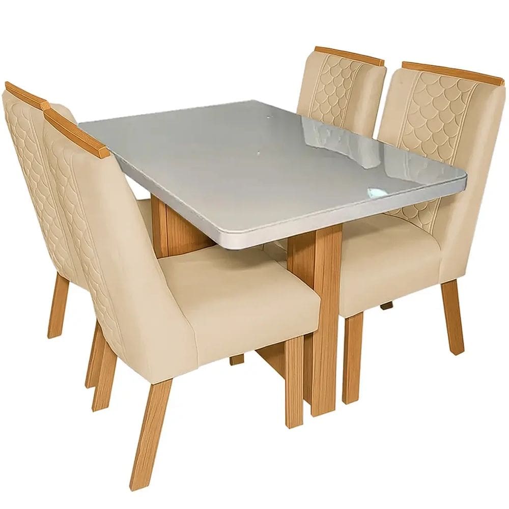 Mesa de Jantar Dora 120x80cm com 4 Cadeiras Dora Tecido Veludo Valdemóveis Cor Cinamomo Off White com Tecido Bege