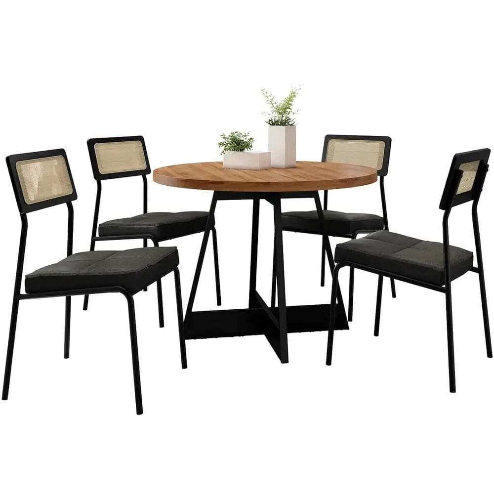 Mesa de Jantar Atria Redonda com 4 Cadeiras Lux Carraro Cor Preto Nogal com Tecido Preto