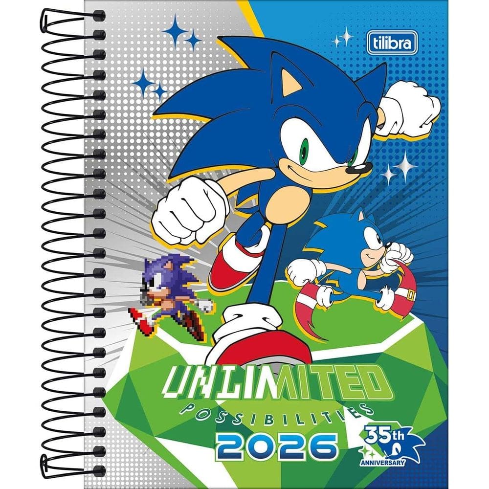 Tilibra - Agenda Espiral Diária 11,7 x 16,4 cm Sonic 2026 - Fundo Cinza e Azul - TILIBRA