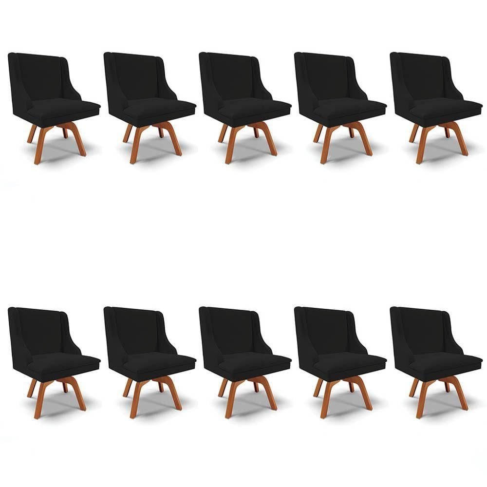 Kit 10 Cadeiras Estofadas Para Sala De Jantar Base Giratória De Madeira Lia Linho Preto - Ibiza