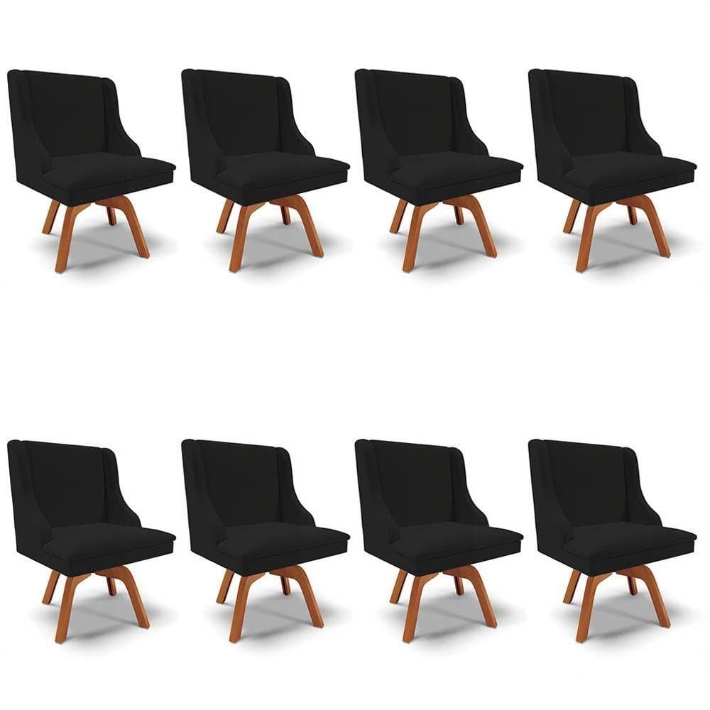 Kit 8 Cadeiras Estofadas Para Sala De Jantar Base Giratória De Madeira Lia Linho Preto - Ibiza