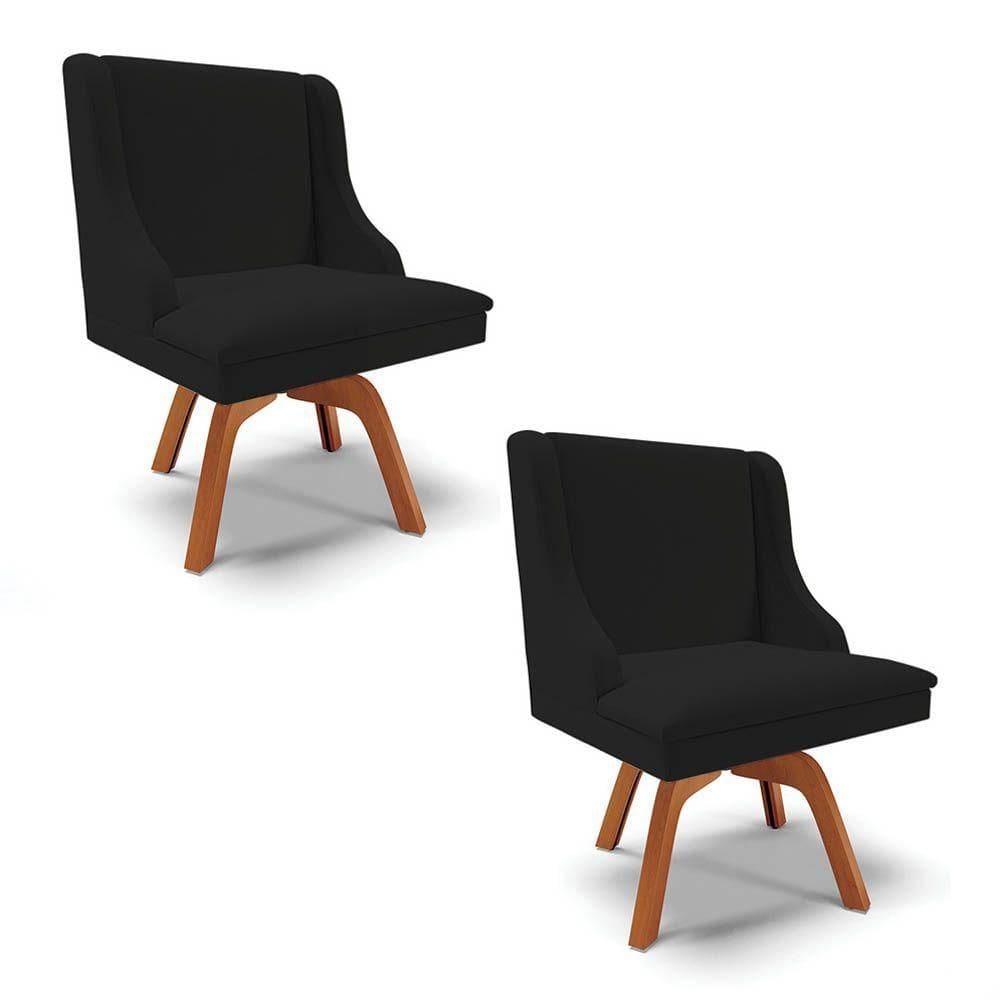 Kit 2 Cadeiras Estofadas Para Sala De Jantar Base Giratória De Madeira Lia Linho Preto - Ibiza