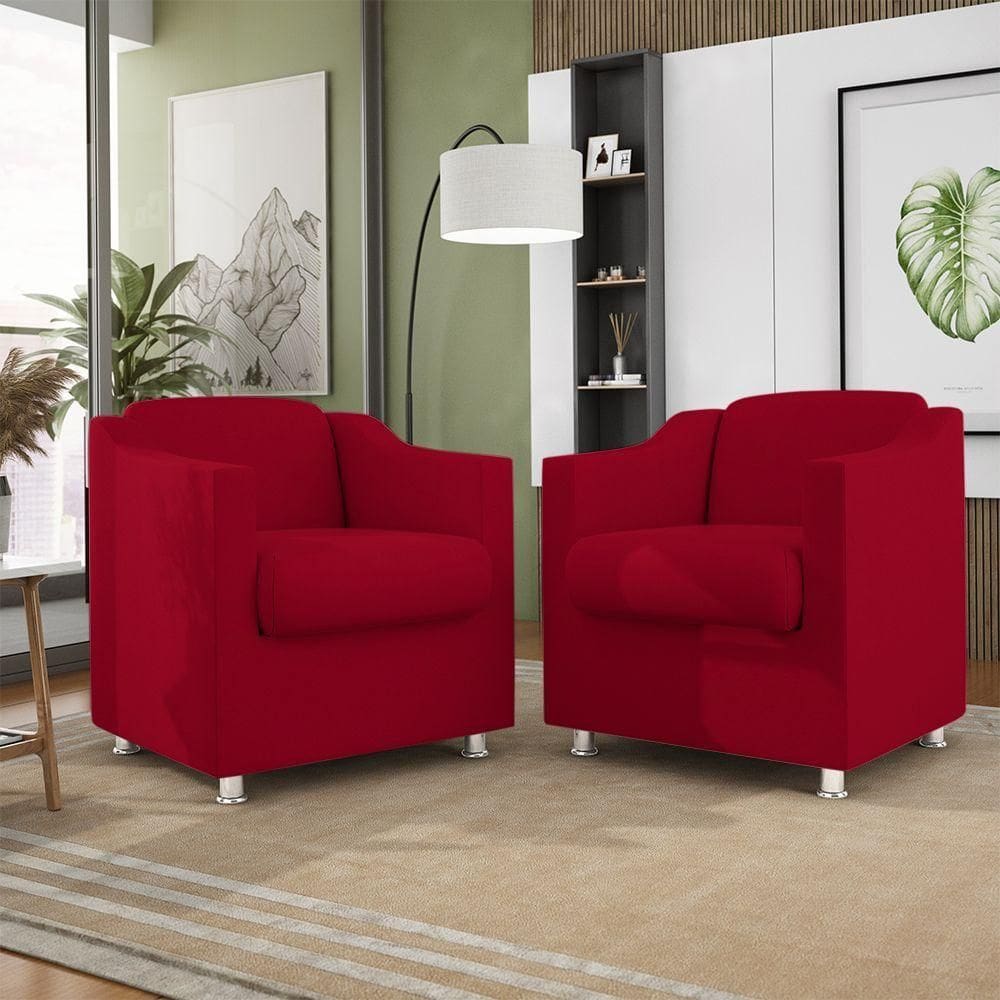 Kit 2 Poltronas Decorativas Reforçada Consultório Sala Suede Cor:Vermelho
