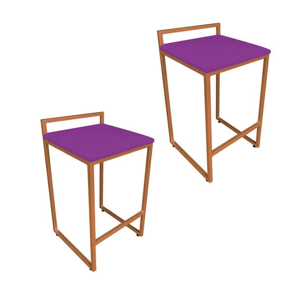 Conjunto 02 Banqueta Alta Industrial Pietra Suede Base Cobre DRossi Roxo