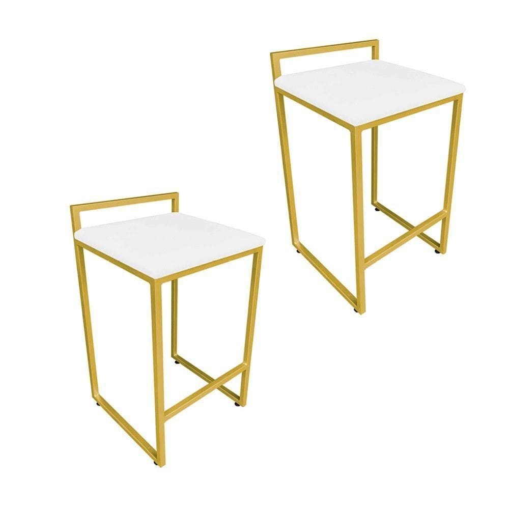 Conjunto 02 Banqueta Alta Industrial Pietra Suede Base Dourado DRossi Branco