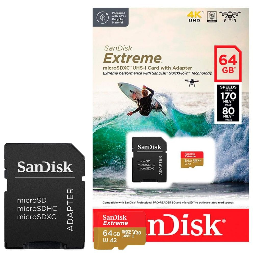 Cartão Micro SD SanDisk Extreme 64GB U3 V30 A2 com Adaptador SD 170MB/s - SDSQXAH-064G-GN6MA