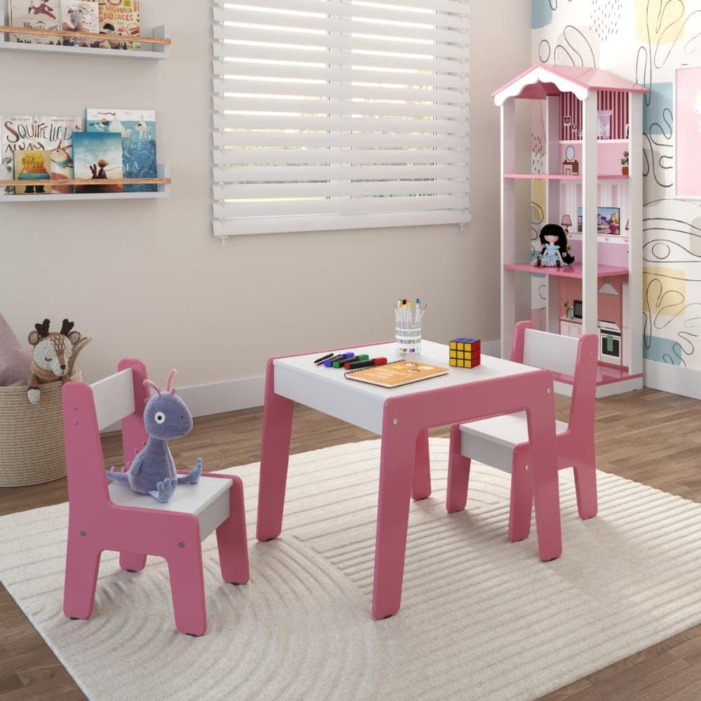 Conjunto de Mesa Infantil com 2 cadeiras MDF Diana Branco Rosa