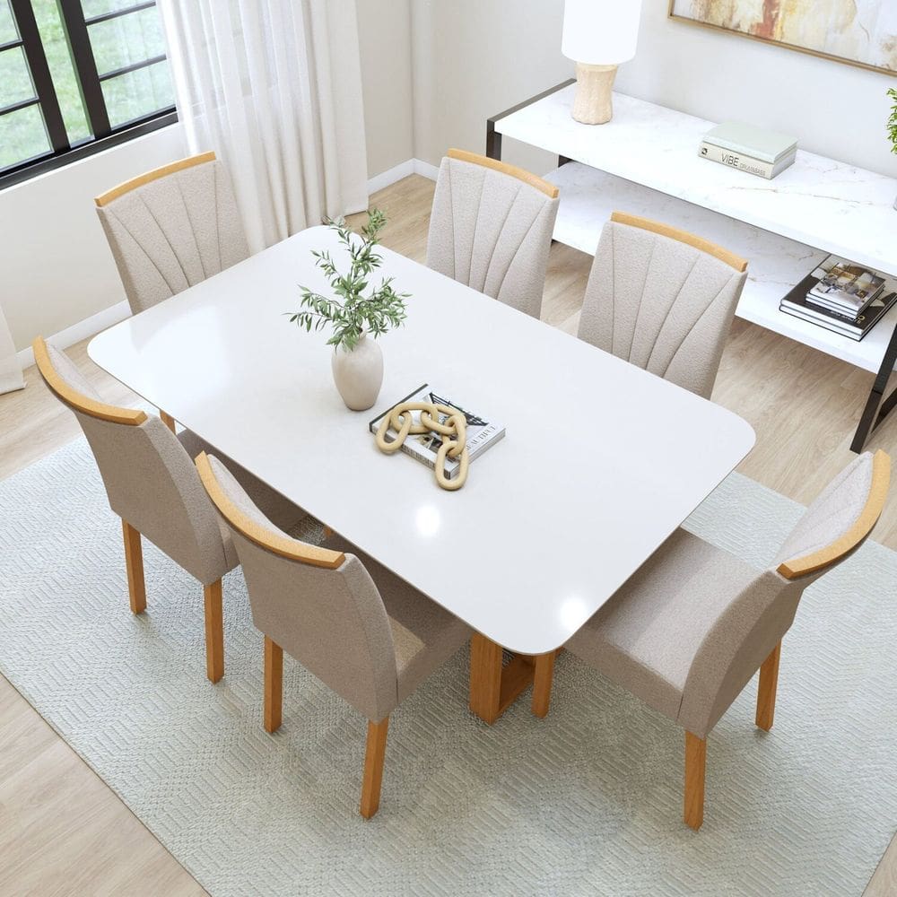 Conjunto Sala Jantar Mesa Bold 170cm Tampo Mdf e 6 Cadeiras Pés Madeira Maciça Jade Amêndoa Clean/ Off White/Naturale Creme