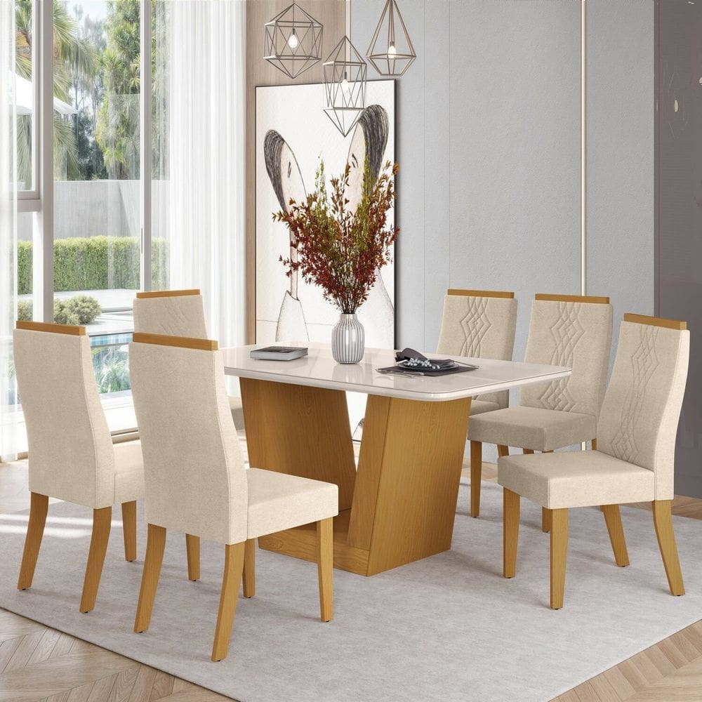 Mesa Viena 160cm X 90cm Tampo Mdf Vidro 6 Cadeiras Luna Marrom /Bege
