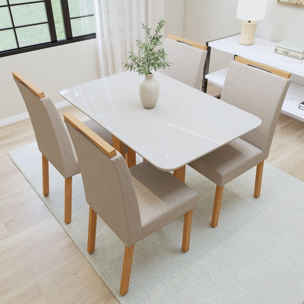 Conjunto Sala Jantar Mesa Bold 120cm Tampo Mdf/vidro 4cm 4 Cadeiras Pés Madeira Maciça Lunen Amêndoa Clean/ Off White/Naturale Creme