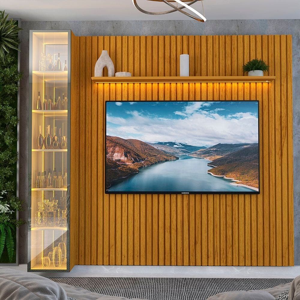 Painel para Tv 84 Polegadas 1 Porta com Led com Espelho 266,8cm 100% Mdf Nobre Clean/luminare Naturale