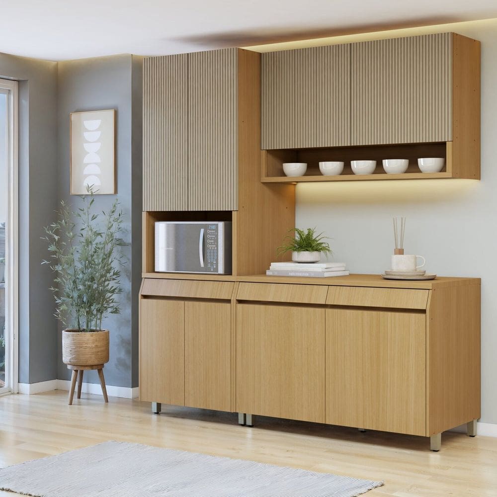 Cozinha Completa Modulada 3 Peças 8 Portas 2 Gavetas 100% Mdf Carvalho/Greige