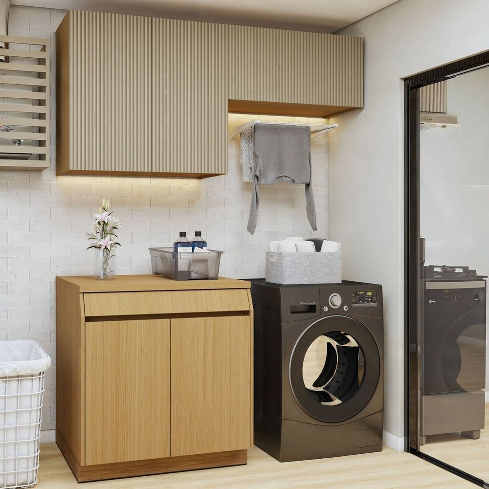 Lavanderia Modulada 3 Peças 5 Portas 1 Gavetas com Rodapé Carvalho/Greige