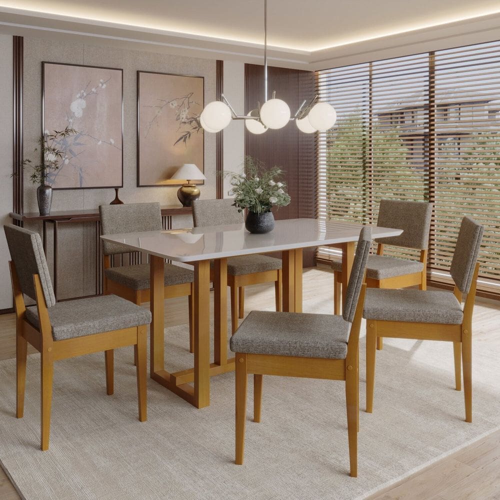 Conjunto Sala de Jantar 6 Lugares Retangular com Tampo de Vidro Mesa Filadélfia Cadeiras Miami Cerejeira/Café/Off White