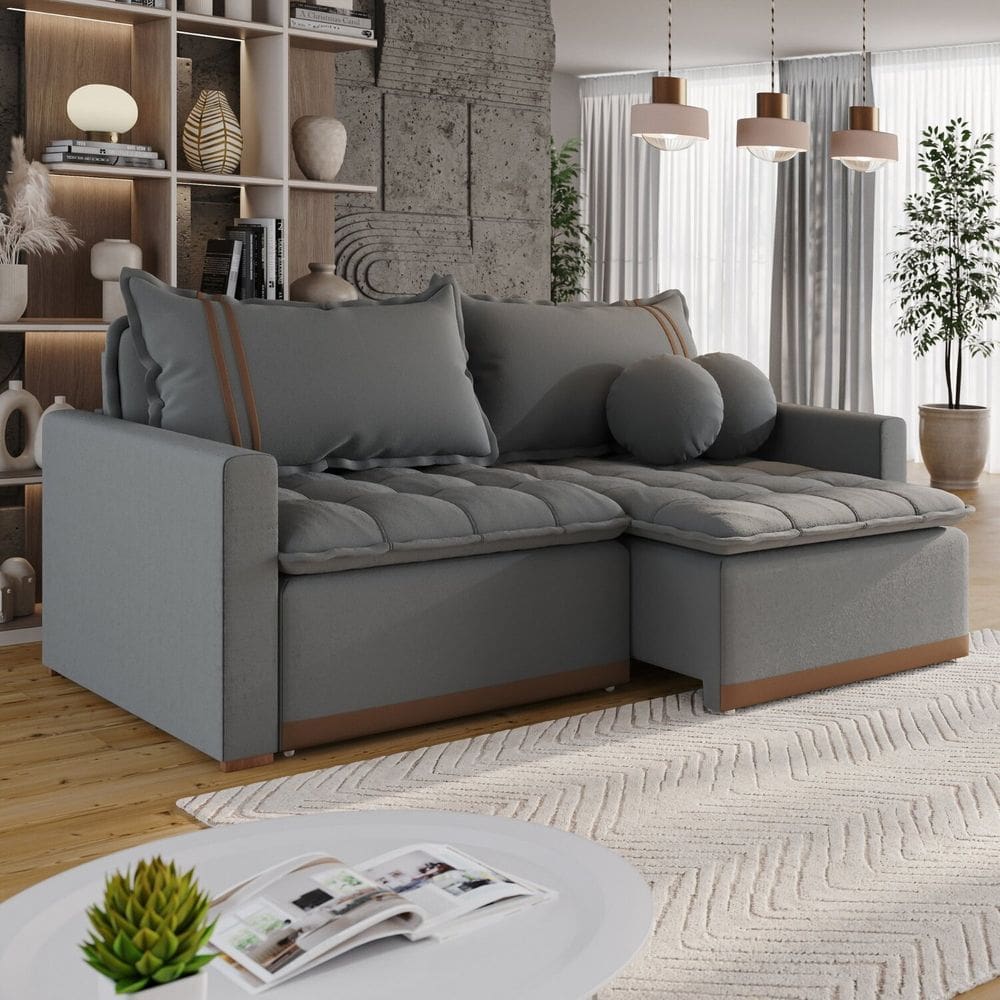 Sofá Cama em Madeira Eucalipto e Bouclê 200cm Flórida Cinza