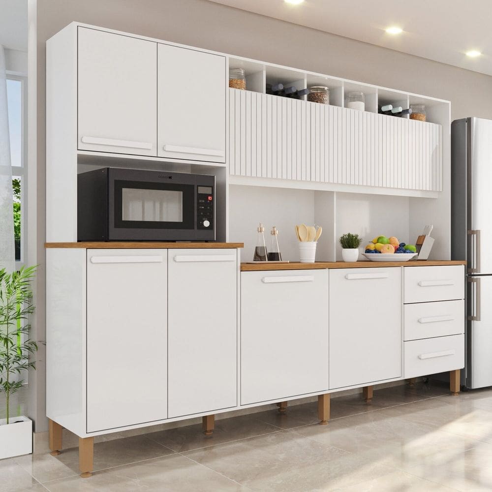 Armário de Cozinha 9 Portas 3 Gavetas 100% Mdf Isabella Branco Neve