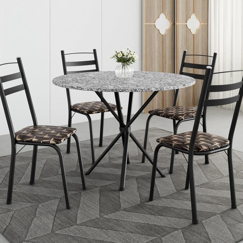 Conjunto de Mesa Redonda 80cm X 77cm com 4 Cadeiras Leia Preto/Mosaico Palha/Ocre