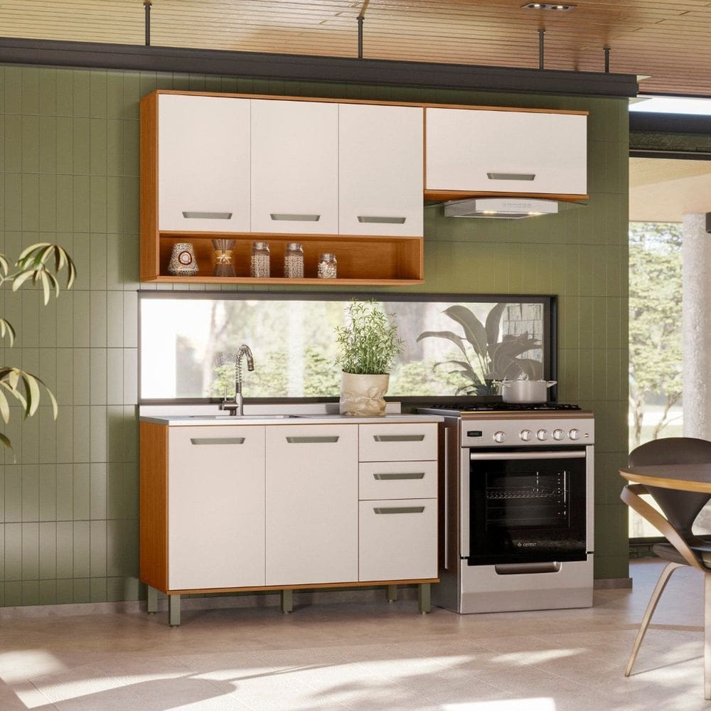 Cozinha Modulada Completa 3 Peças 7 Portas 2 Gavetas com Balcão Pia Criare Freijó/Off White Acetinado
