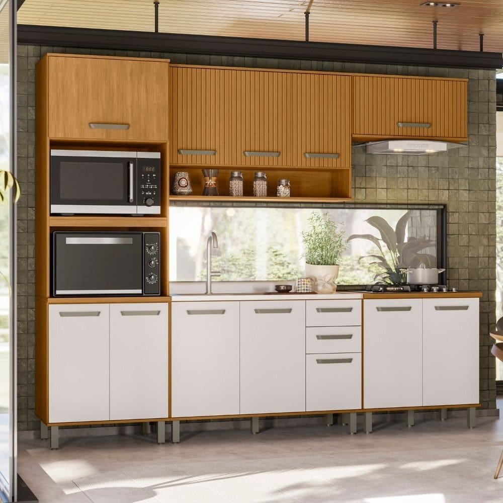 Cozinha Modulada Completa 5 Peças 12 Portas 2 Gavetas com Balcão Pia Criare Freijó Ripado/Off White Acetinado