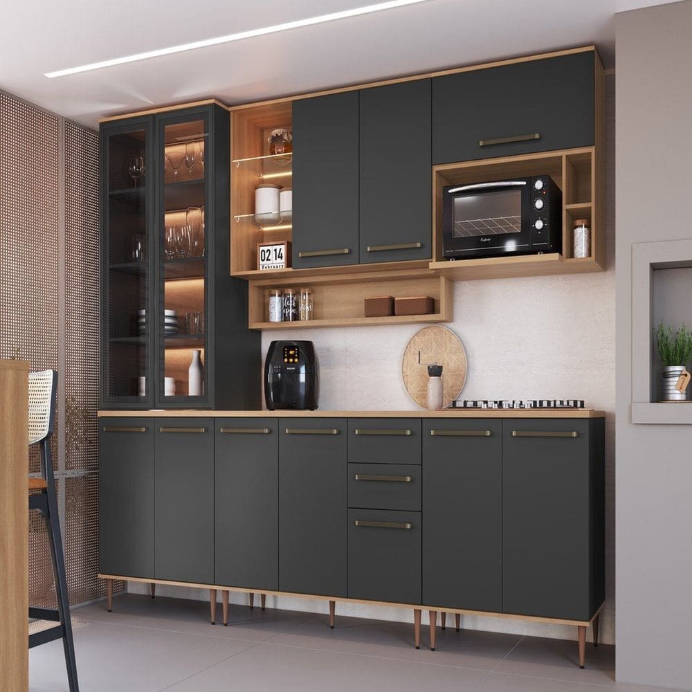 Cozinha Modulada Completa 8 Peças com Cristaleira 12 Portas 2 Gavetas Isabelle Freijó / Grafite