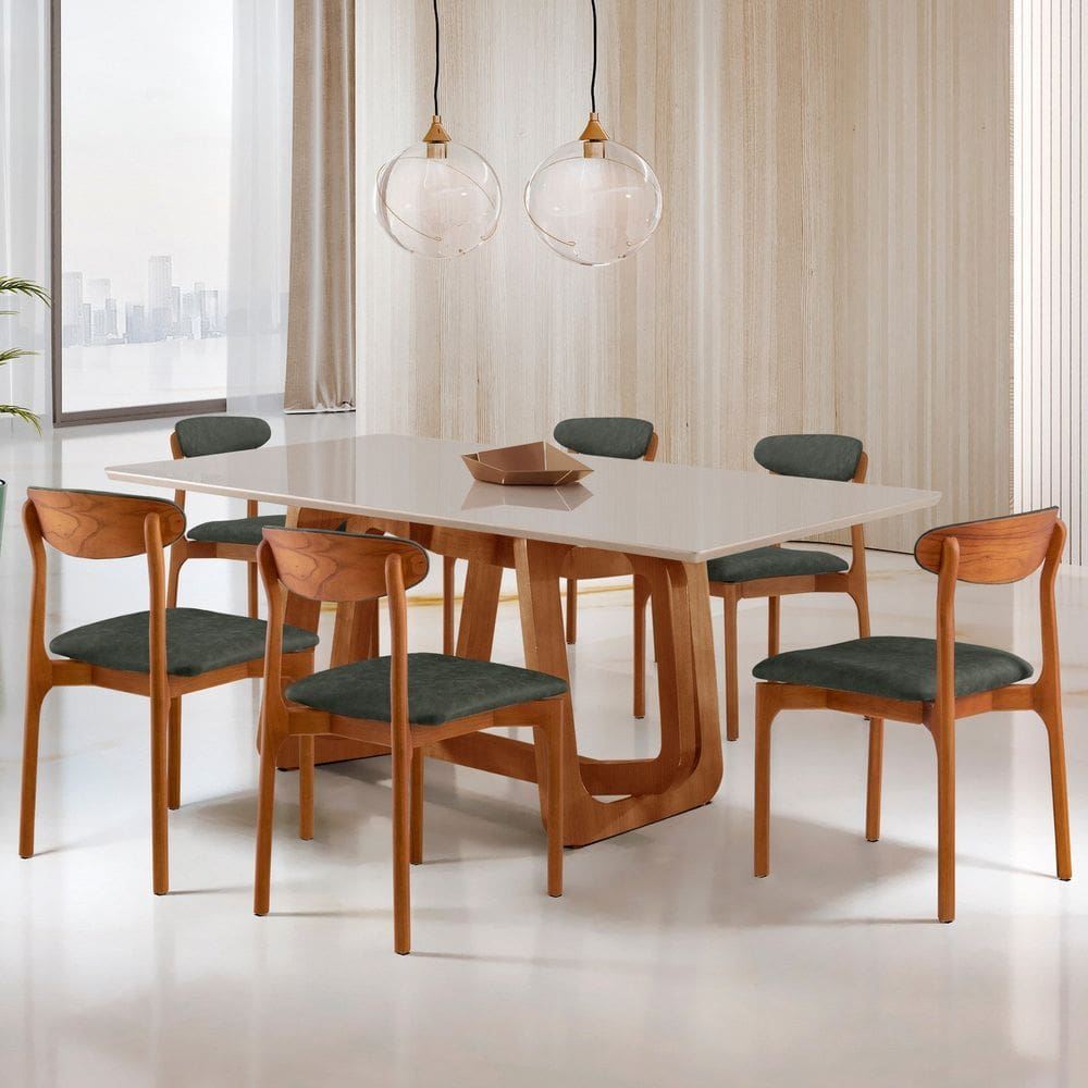 Conjunto Sala de Jantar Mesa Madeira Maciça Genova 6 Cadeiras Monaco Jade/ Cinamomo Imbuia/ Off White