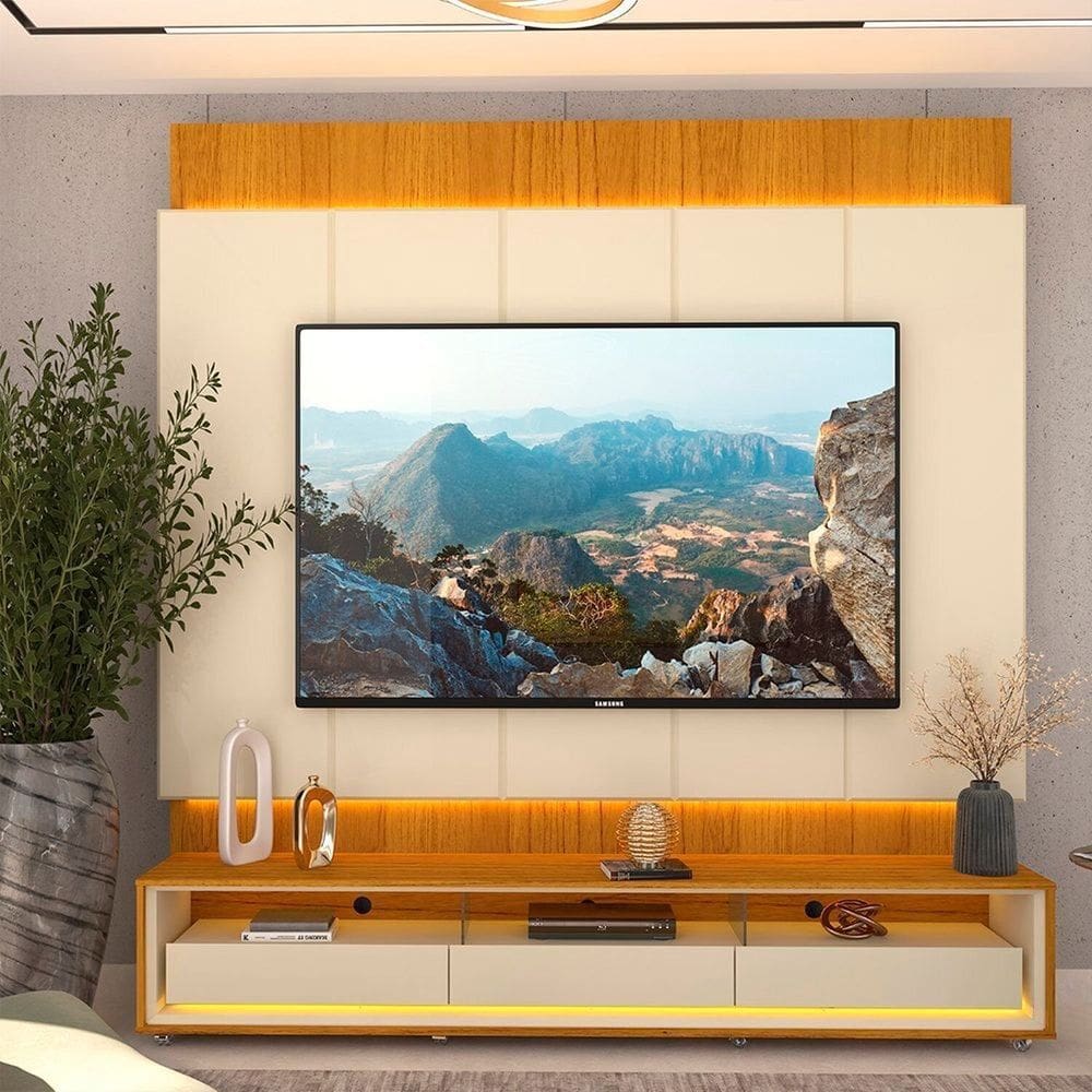 Rack com Painel para Tv 85 Polegadas com Led 3 Gavetas Rodízios 218cm 100% Mdf Magnífico/requinte Naturale/Off White