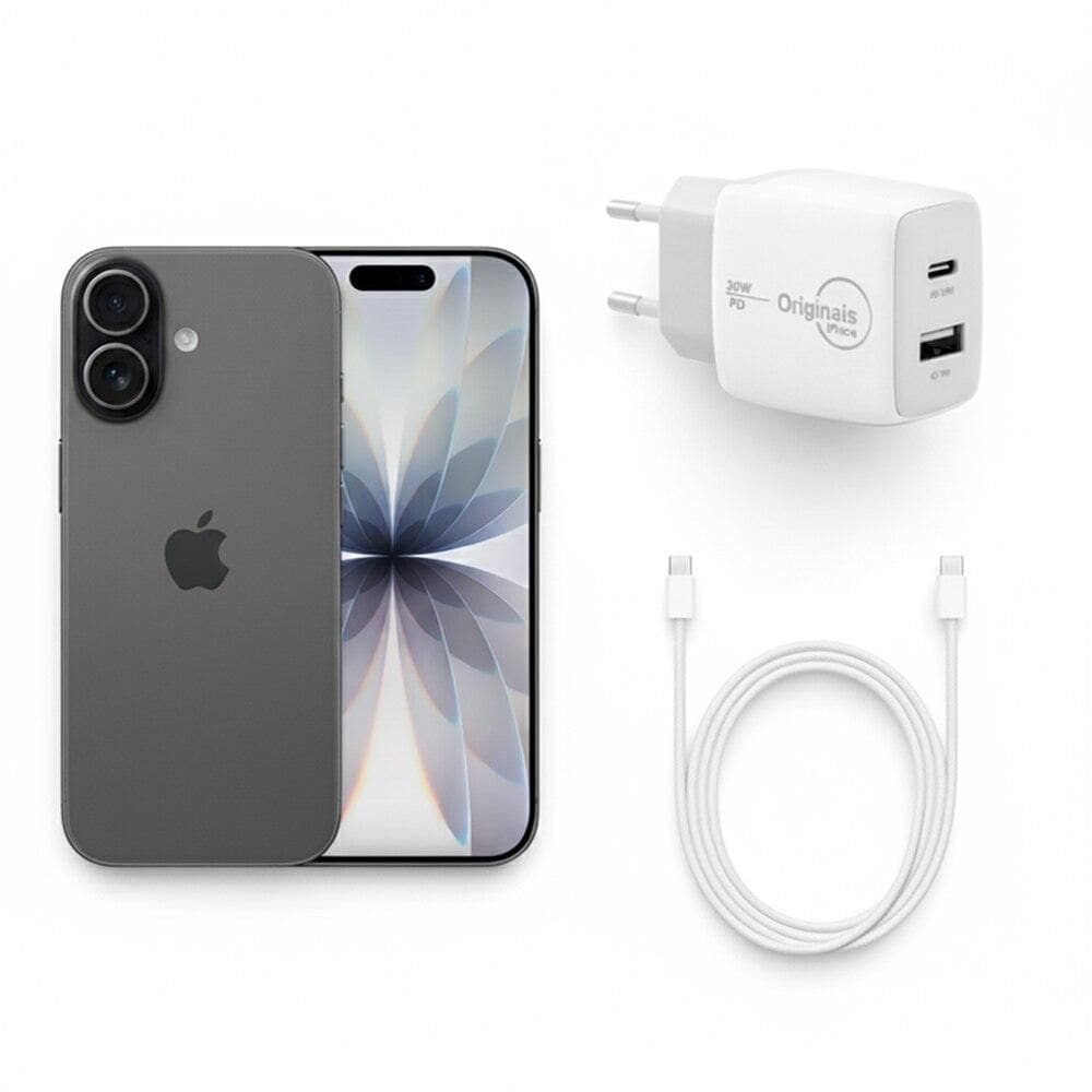 Kit: iPhone 17 256GB Preto + Carregador USB-C/USB, 30W, 2 Portas, Originais iPlace