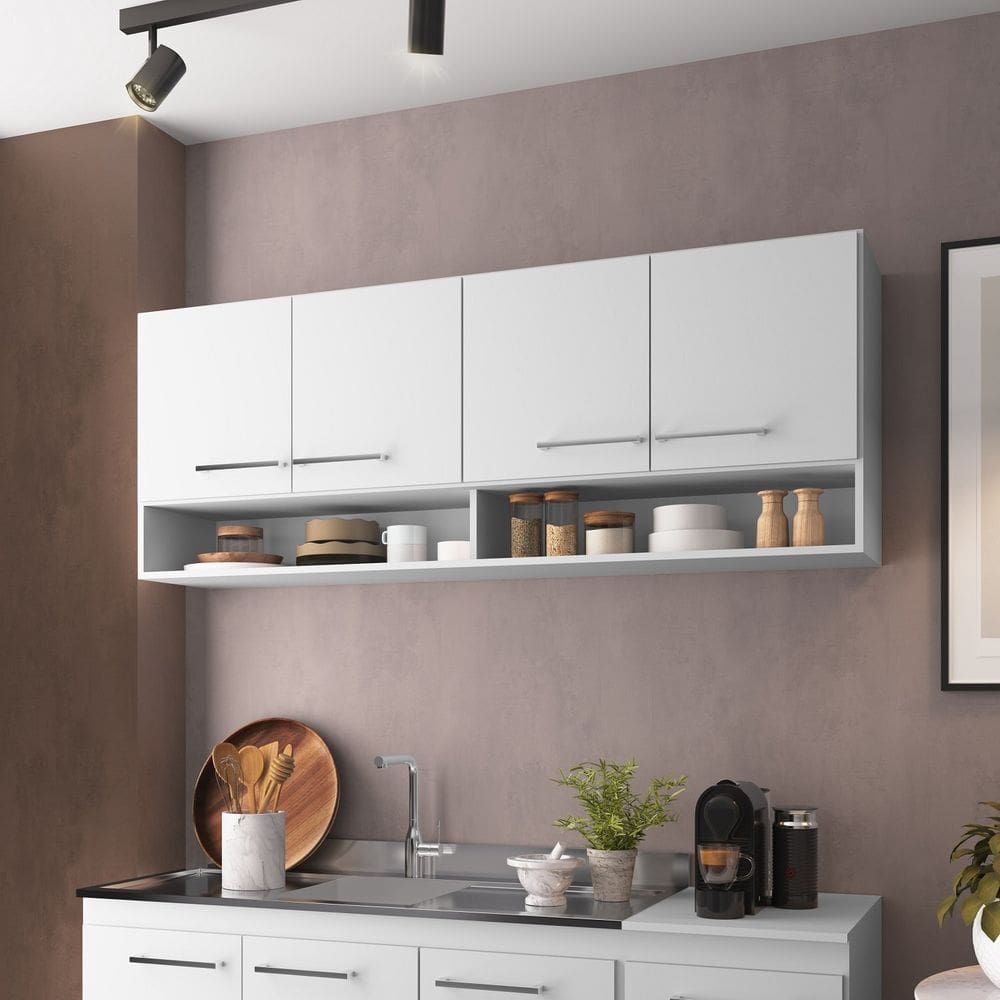 Armário para Cozinha Aéreo 4 Portas com Nicho Branco