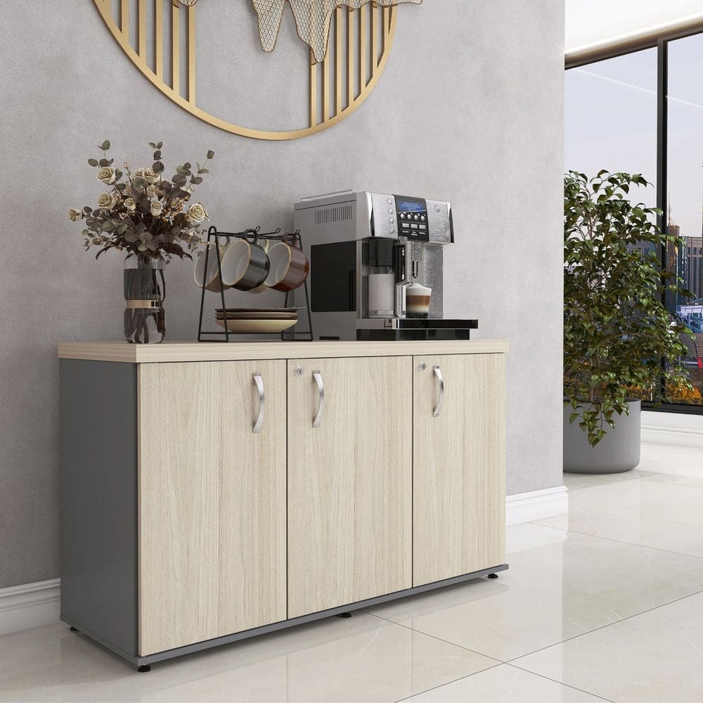 Armário 3 Portas Pivotante Credenza Grafito/Castanheira