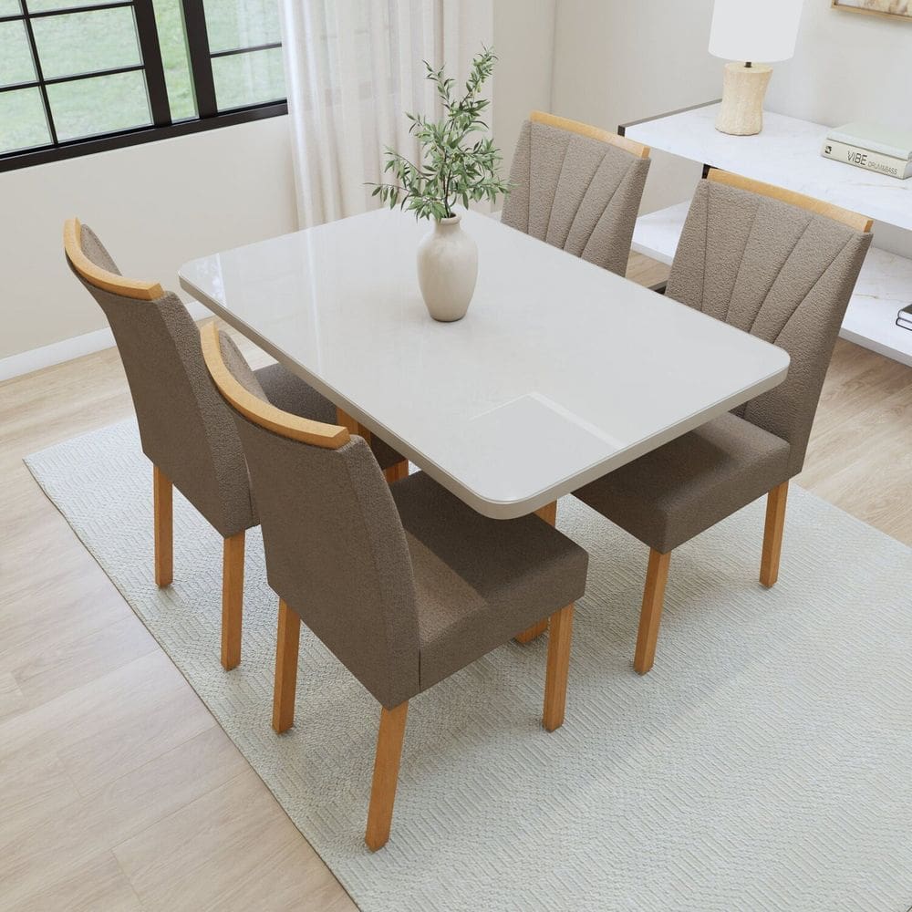 Conjunto Sala Jantar Mesa Bold 120cm Maxi Tampo 4cm Mdf/vidro 4 Cadeiras Pés Madeira Maciça Jade Amêndoa Clean /Off White/Animale Bege