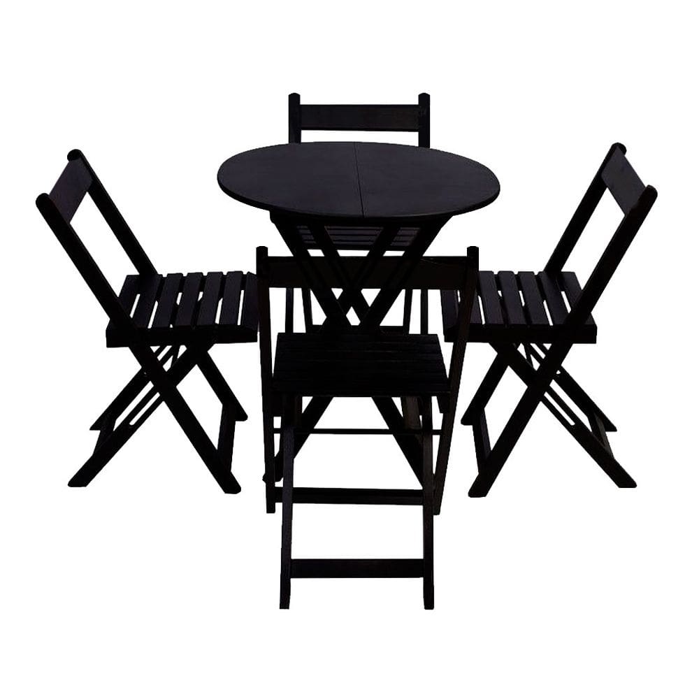Conjunto Restaurante de Mesa Dobrável de Madeira 60cm Redondo com 4 Cadeiras Preto