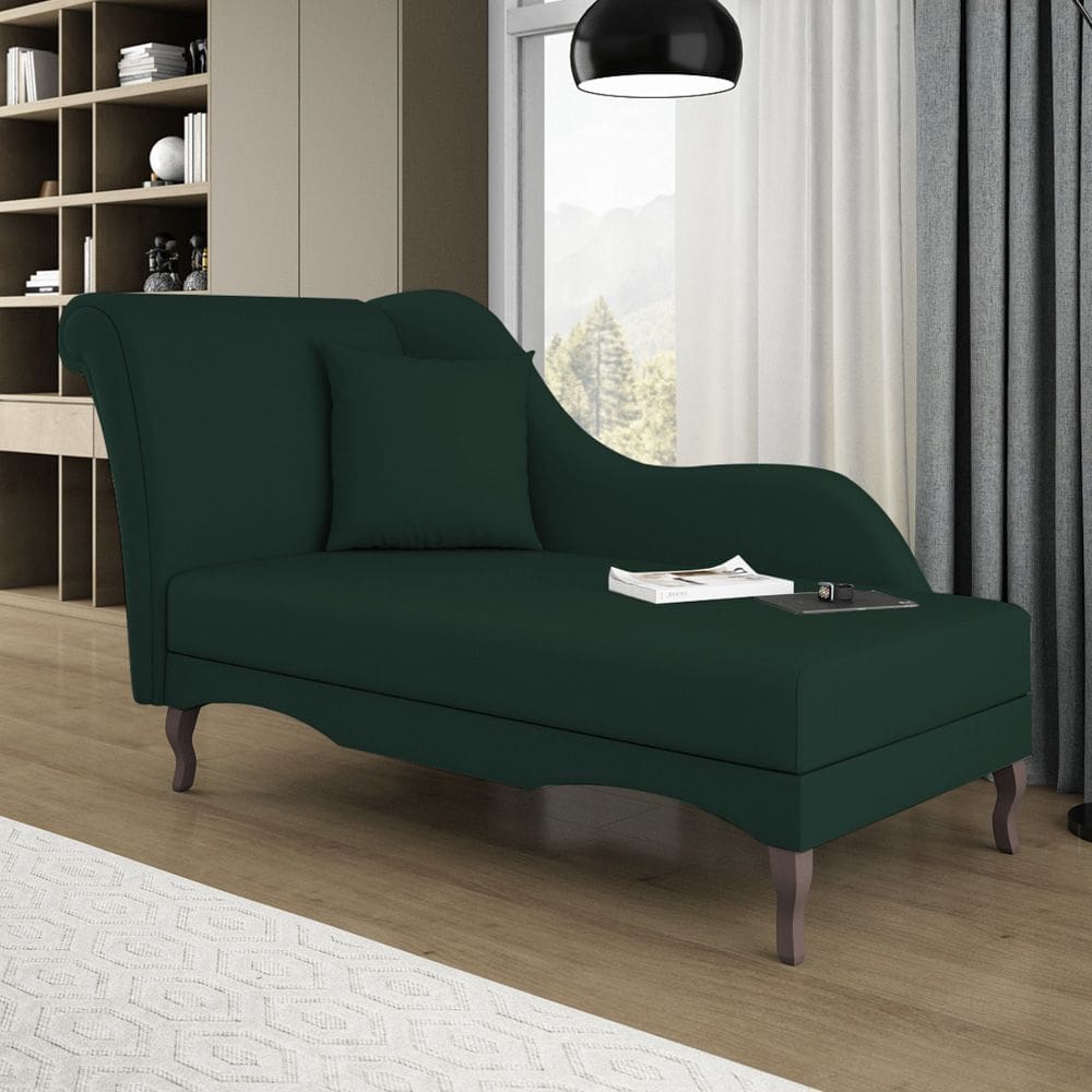 Divã Recamier Chaise Longue Valentina Clássico com Pés de Madeira Veludo Verde Escuro - Desk Design