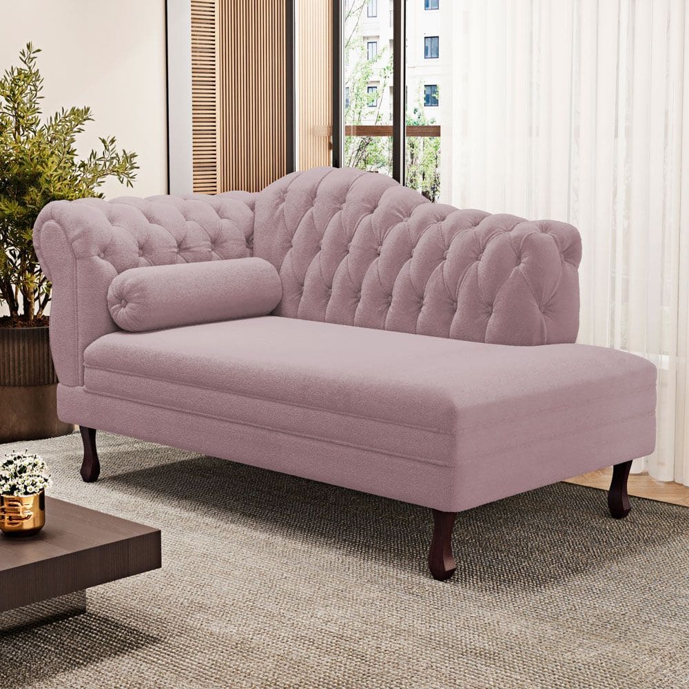 Divã Recamier Chaise Longue Lavínia 150cm Capitonê Pés de Madeira Bouclê Rosé - Desk Design