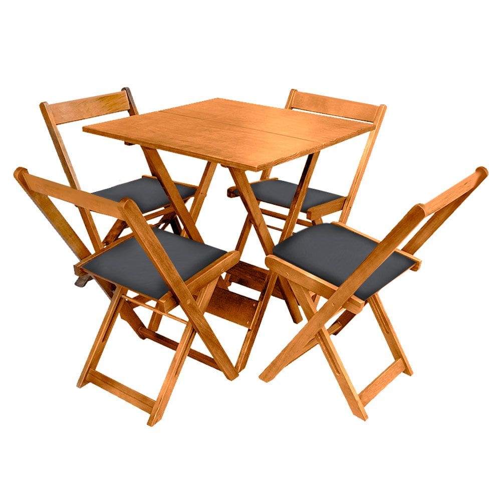 Jogo de Mesa Dobrável de Madeira 60x60 com 4 Cadeiras Natural Estofado Preto