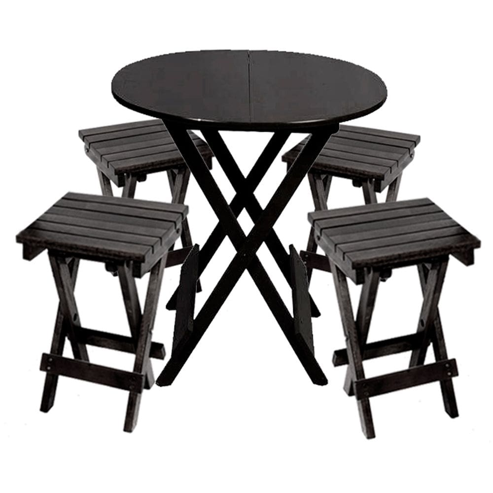 Jogo de Mesa Dobrável de Madeira 60cm Redondo com 4 Banquinhos Dobráveis Preto