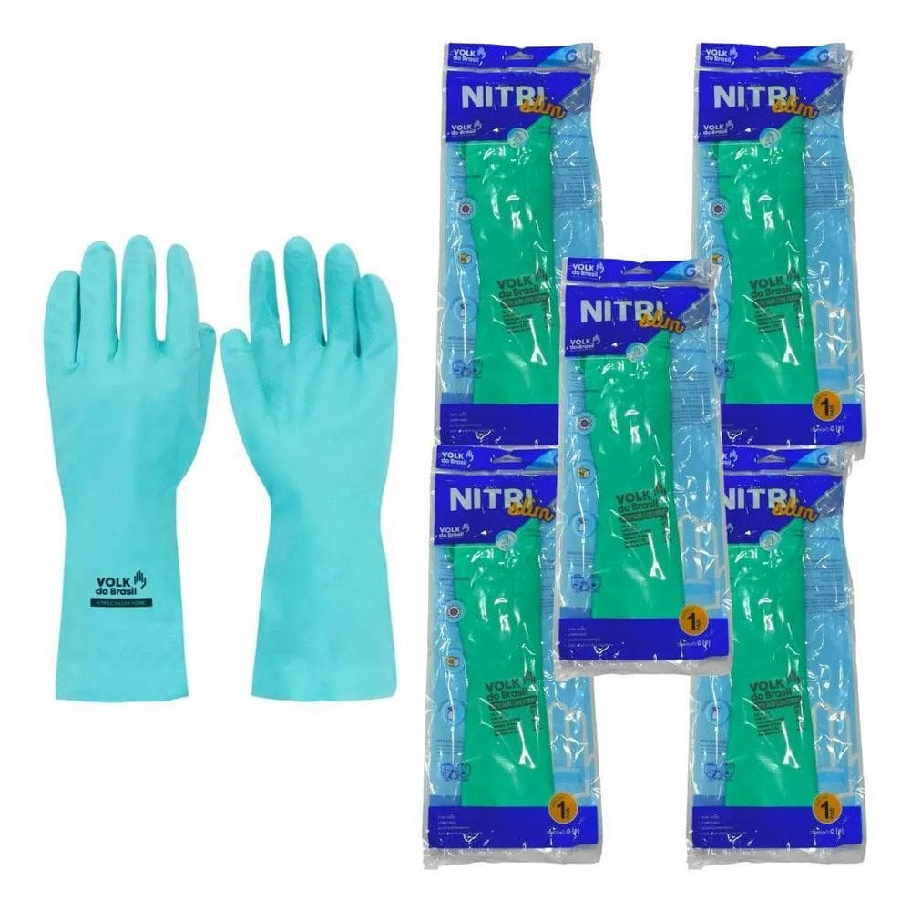 3X Kit 5 Prs Luva Nitrílica Verde Com Forro Limpeza Químico