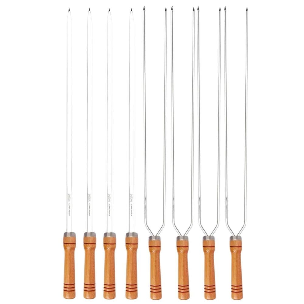 Kit 8 Espetos 75Cm Preparo Churrasco Cabo Madeira Aço Mor
