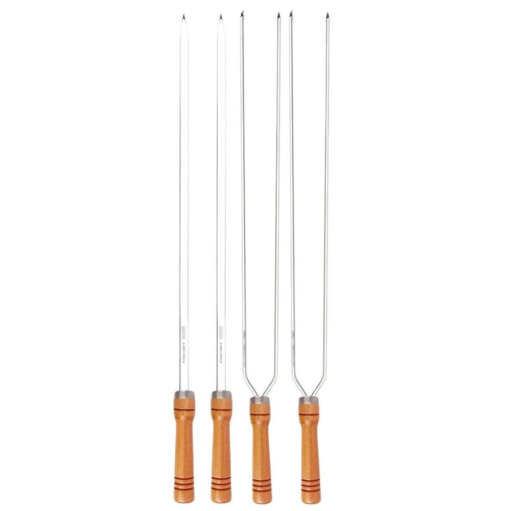 Kit 4 Espetos 75Cm Preparo Churrasco Cabo Madeira Aço Mor