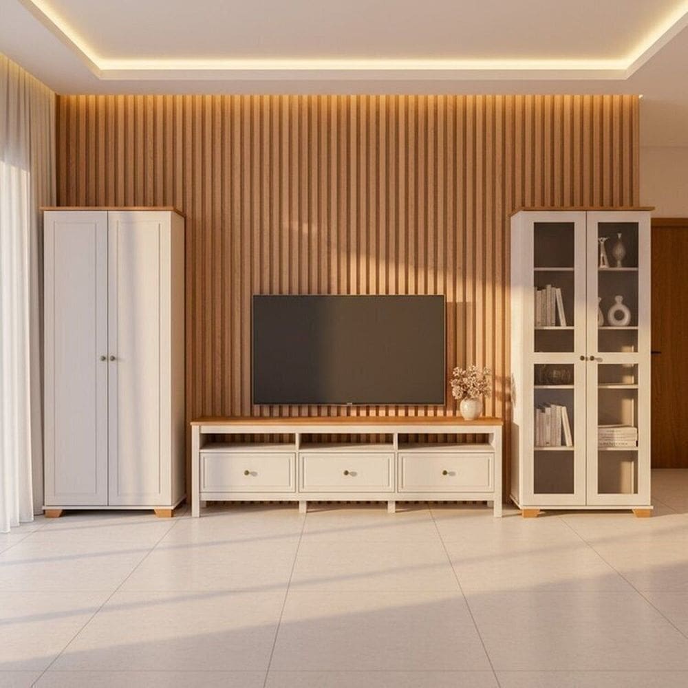 Conjunto 3 Peças Rack, Cristaleira e Armário Madeira Maciça Ananda Cabecasa Madeiramadeira Off White/Mel