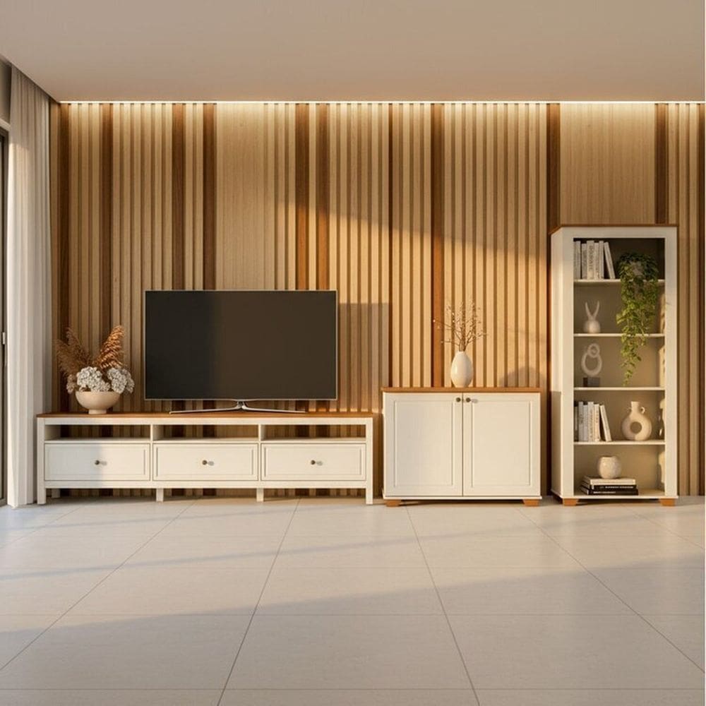 Conjunto 3 Peças 1 Rack 210cm, Estante e Armário Madeira Maciça Ananda Cabecasa Madeiramadeira Off White/Mel