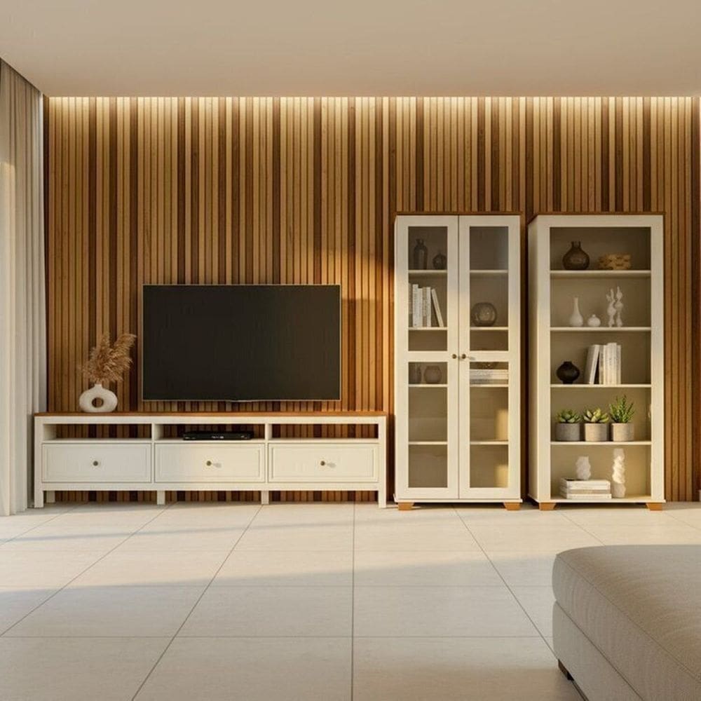 Conjunto de Sala 3 Peças Rack, Estante e Cristaleira Madeira Maciça Ananda Cabecasa Madeiramadeira Off White/Mel