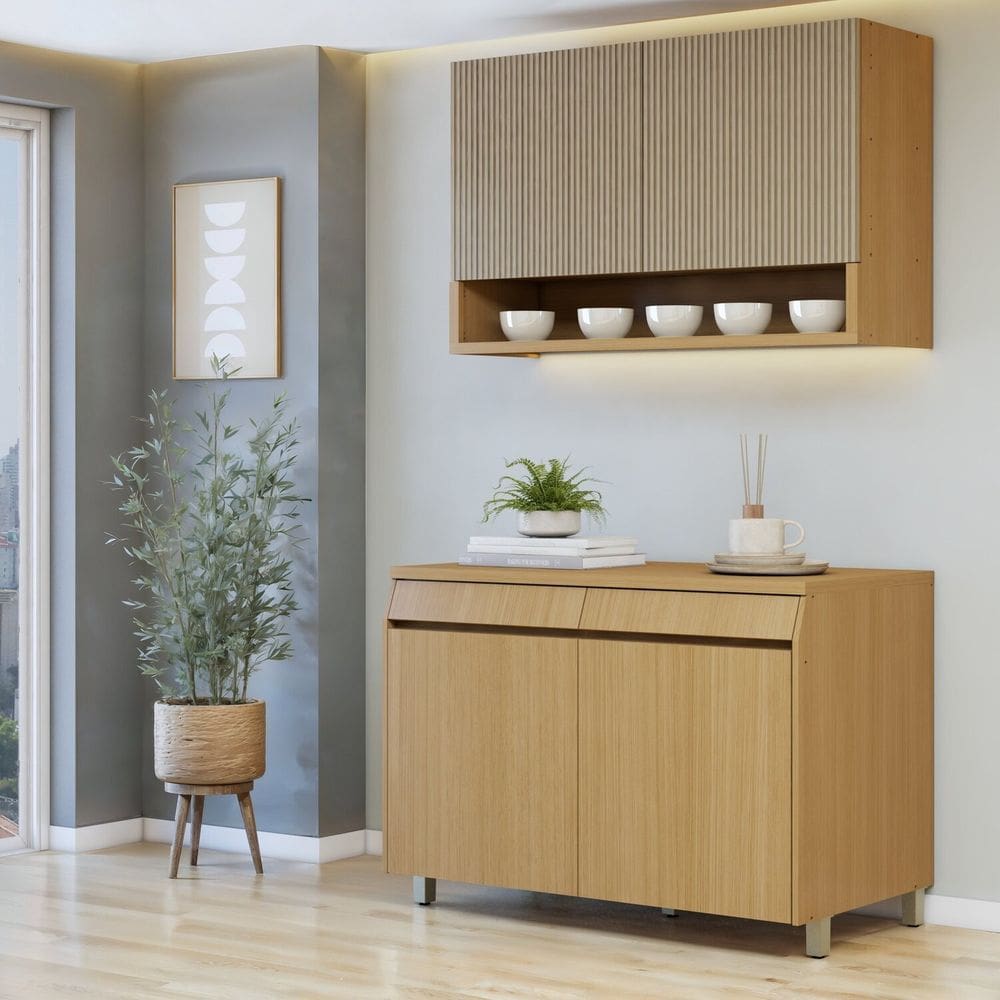 Cozinha Completa Modulada 2 Peças 4 Portas 2 Gavetas 100% Mdf Carvalho/Greige