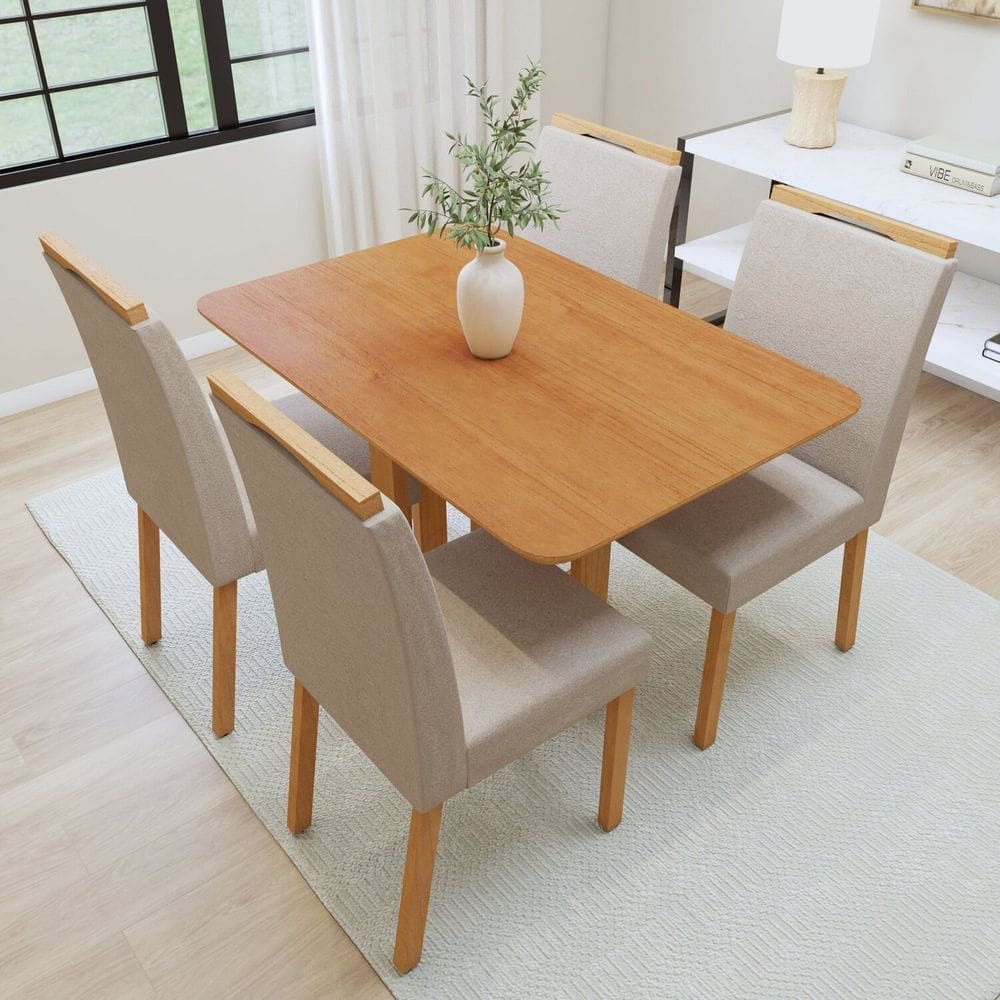 Conjunto Sala Jantar Mesa Bold 120cm Tampo no Glass 4 Cadeiras Pés Madeira Maciça Lunen Amêndoa Clean/Naturale Creme