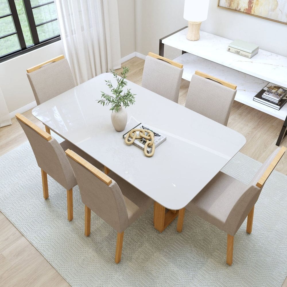 Conjunto Sala Jantar Mesa Bold 170cm Tampo Mdf/vidro 4cm 6 Cadeiras Pés Madeira Maciça Lunen Amêndoa Clean/ Off White/Naturale Creme