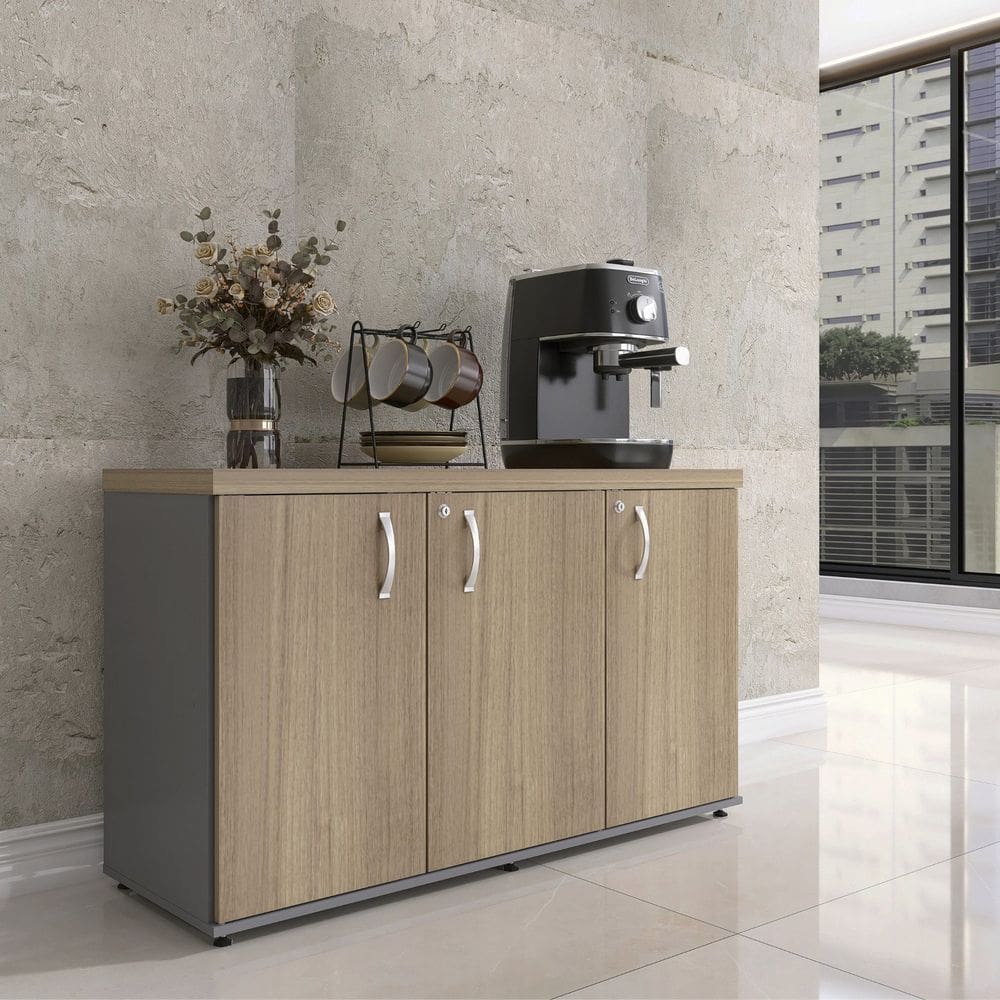 Armário 3 Portas Pivotante Credenza Grafito/Noce Naturalle