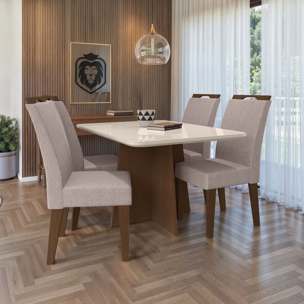 Conjunto 120x77cm Tampo de Mdf e Vidro com 4 Cadeiras Evora Freijó/Bege